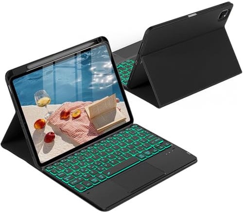 CACOE Clavier Étui Compatible avec iPad Air 11 pollici M3 2025/M2 2024, Coque Clavier avec Pavé Tactile, [AZERTY] avec iPad Air (7/6/5/4) & Pro 11 (4/3), Éclairage à 7 Couleurs, Noir