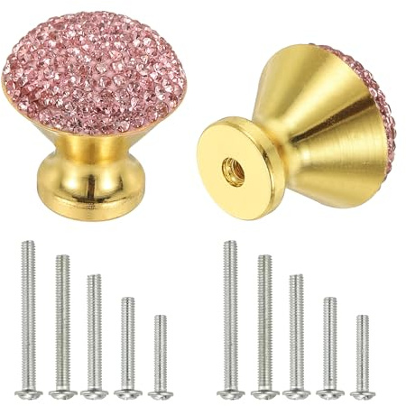 sourcing map Drawer Knobs,2Pcs 1.1 Inch (28mm) Diameter Bling Diamond Decoration Cabinet Knob, Round Rhinestones Pull Handle with Screws for Home, Office, Kitchen (Gold Base + Pink Diamond)
