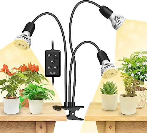 SANSI 3-Head LED Grow Lights for Plants Full Spectrum 30W, Timer, Black | 450W Equiv. Plant Lamp with Clip, 4000K Sunlike, Lifetime Free Bulb Replacements, 4/8/12 Hrs, Indoor Seedlings Germination