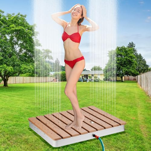 Bsteciar Garden Shower Floor Shower Outdoor Shower with Adjustable Foot Wheel up to 3 m Fountain Height Camping Shower Diameter 70.5 cm Round Fountain Non-Slip Weatherproof Aluminium/WPC Pool
