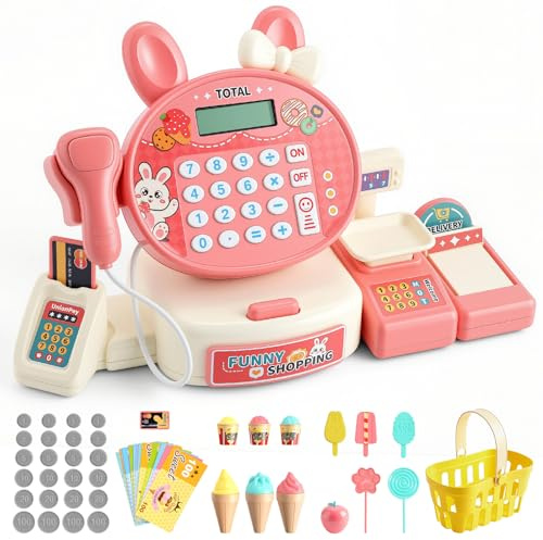 FUNYKICH Caisse Enregistreuse Jouet Enfants 3-6 Ans Jouet Caisse enregistreuse avec 55 Accessoires,Calculatrice,Panier et Argent Jouet,Éducatif pour Jeu de Rôle Supermarché à la Maison ou École