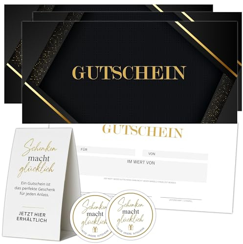 Eummel 50 Blanko Gutscheine zum selbst Ausfüllen + Aufsteller & Aufkleber | Premium Druck | Friseur Kosmetik Wellness Fußpflege Gastro Restaurant | Gutscheinkarte Geschenkgutschein