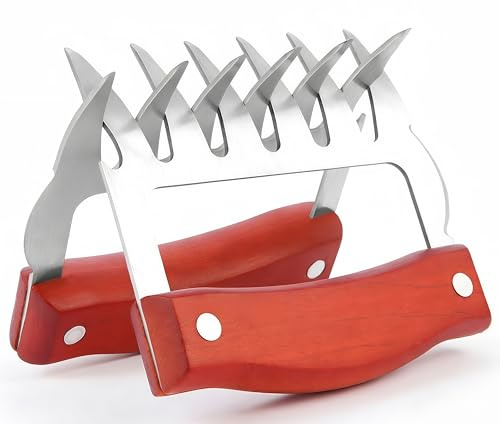 AJIMAOMI Heavy Duty BBQ Meat Shredder Claws, Food Grade Stainless Steel with Wooden Handles, for Pulled Pork Beef Chicken, Smoker Grill Tool, 2 Pack