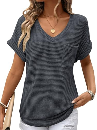 Cuptacc Tshirt Damen V Ausschnitt Waffle Casual Top Basic Kurzarm T-Shirt | Bequemer Waffelstoff,V Ausschnittm,Kurzarm,Mit Tasche,Lose,Basics,Lässig,Komfort,Weich,Leicht Und Luftig