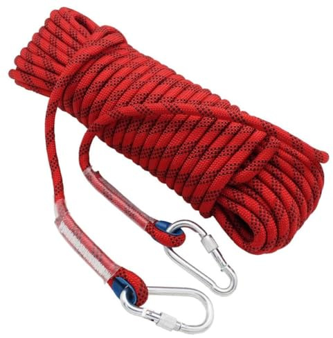 Premium Rock Climbing Safety Rope, 20M Heavy Duty Nylon Cord with Carabiners, Blue and Red, 10mm Diameter, for Outdoor Climbing and Camping (red)