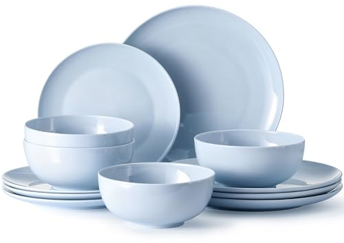 HIKAA Geschirrset 4 Personen, 12-Teiligs Knochenporzellan Geschirr Set, Teller Set Mikrowellen und Spülmaschinenfest, Tafelservice für Zuhause, Hochzeiten, Kombiservice Leicht und Langlebig (Blau)