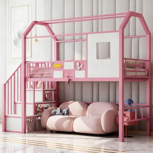Etagenbett mit Dachkonstruktion in pink - bequemes Spielbett mit praktischer Ablagetreppe - 90x200 cm