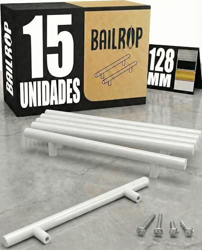 BAILROP Tiradores Cocina Blancos 128MM - Tiradores Blancos Armarios para Muebles de Cocina o Dormitorios de Acero Inoxidable (15 unidades)