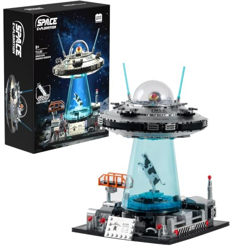 UNCLE BRICK Space UFO Dynamic Version Building Set with LED Lights, 360° Rotating Flying Saucer Model, Alien Abduction Scene,Display Building Kit for Teens and Adults, STEM Collectible Desk Decor