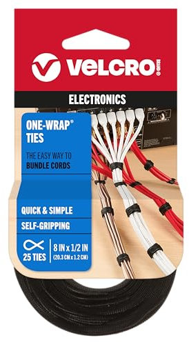 VELCRO Brand ONE-WRAP Cable Ties | 25Pk | 8 x 1/2 Black Cord Organization Straps | Thin Pre-Cut Design | Wire Management for Organizing Home, Office and Data Centers