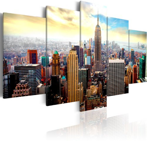 B&D XXL - Wandbilder XXL New York 100x50cm 5 tlg - Wand Deko Leinwand Bilder Groß Wanddeko Wohnzimmer Schlafzimmer Kunstdrucke - Stadt City NY Skyline Wolkenkratzer Architektur