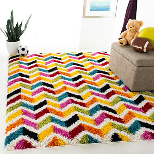 SAFAVIEH Kids Shag Collection Accent Rug - 3' x 5', Ivory & Multi, Rainbow Design, Non-Shedding & Easy Care, 2-inch Thick Ideal for High Traffic Areas in Entryway, Living Room, Bedroom (SGK565A)