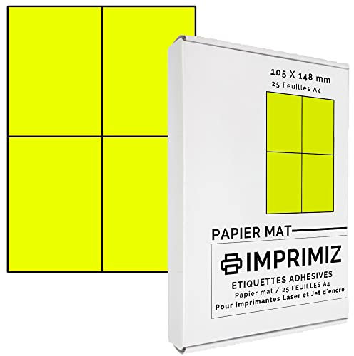 100 selbstklebende Etiketten neongelb von 105 x 148,5 mm - 4 Etiketten/Blatt - 25 Blatt A4 / Papier matt - Farbe - Für Inkjet/Laser/Kopier Drucker - Etiketten farbig