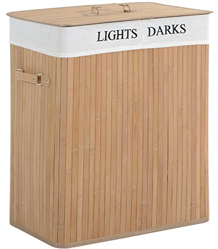 HOMCOM Cesta Portabiancheria in Bambù con Coperchio e Fodera Rimovibile 52x32x63cm