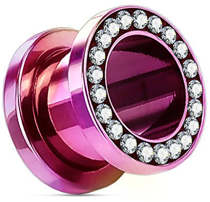 Flesh Tunnel Plug Edelstahl 316L Zirkonia Kristalle Strass Hollow Schraubverschluss lila-klar 3 mm
