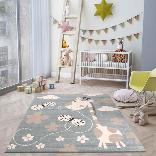 VIMODA Kinderteppiche Giraffe mit Schmetterling und Blumen | Kinderteppich für Mädchen und Jungs | Teppich für Kinderzimmer Blau | Schadstofffrei Kinderzimmerteppiche (Öko-Tex), Maße:80x150 cm