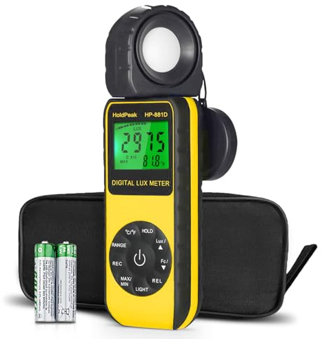 HOLDPEAK 881D Illuminance Light Meter, Digital Lux Foot Candles Meter 0.1~400,000 Lux (0.1~40,000 FC) with 270º Rotatable Detector, Par Meter Luxmeter for Plants LED Lights Indoor Outdoor Light Tester