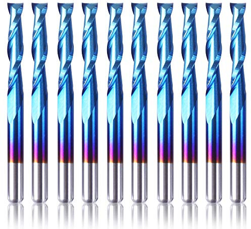 SainSmart Genmitsu 10 piezas Nano Blue Coat Flat Nose End Mill CNC Router Bits, 1/8 Shank Spiral Upcut 2 Flute End Mill Set (3.175 x 17 x 38mm)