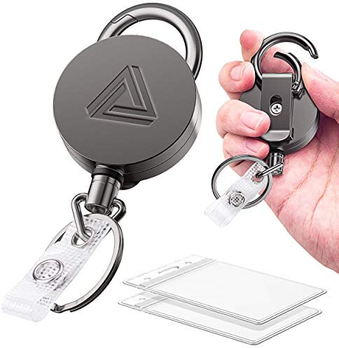 2 Pack Heavy Duty Metal Retractable Badge Holder Reel with Belt Clip Key Ring and Waterproof Vertical Clear ID Card Holder + 2 Extra Carabiner Key Chain Rings, 31 inches Strong Dyneema Pull Cord