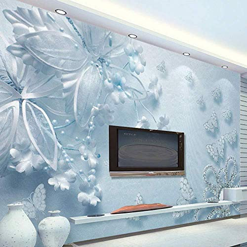 Wallpaper-3D-WYJ 3D Mural Wallpaper Blue Flowers Embossed Transparent Butterfly Mural Bedroom/Living Room Modern Decoration Interior Wallpaper Grey Wall Sticker border-350cm×256cm