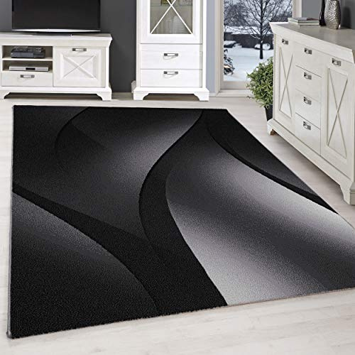 SIMPEX Teppich 80x150 cm Schwarz Kurzflor Abstrakt Wellen Design Moderner Läufer für Wohnzimmer Schlafzimmer Flur Küche Esszimmer Kinderzimmer Pflegeleicht Weich