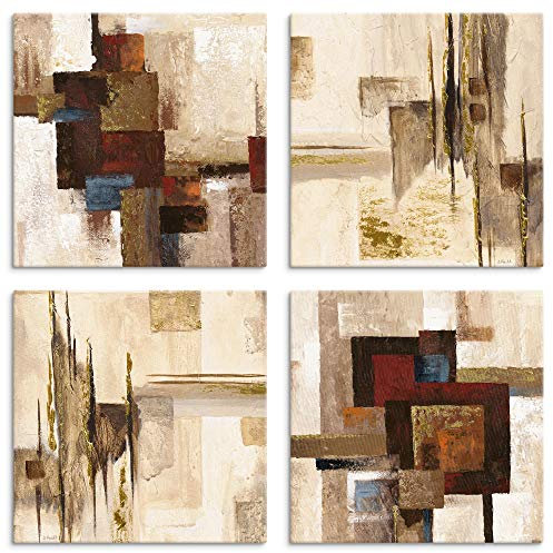 ARTLAND Wanddeko Leinwand Bilder auf Holz Wandbild Bild Set 4 teilig je 30x30 cm Abstrakte Kunst Malerei Modern Abstrakt Art Skandinavisch Gold U1OE