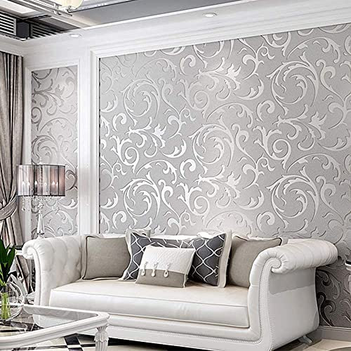 Greensen Selbstklebende Wasserdicht Wandtapete 10Mx53CM 3D Luxus Geprägte Tapetenrolle Blattmuster WallPaper Roll Wandpapier für Schlafzimmer Wohnzimmer TV Hintergrund, Silber