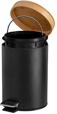Solly´s Cubo de Basura con Tapa de Bambú, Cubo de Baño con Apertura a Pedal, 3 litros, Negro,