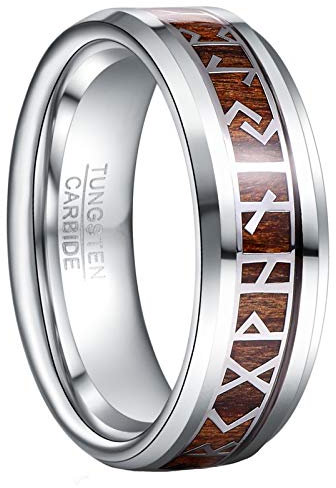 GALANI 8mm Silber Hochzeit Ringe aus Wolframkarbid Viking Ring für Frauen und Männer mit Holz und Wikinger Skript Inlay Ehering Verlobungsring Vertrauensring Größe 54.4(17.3)