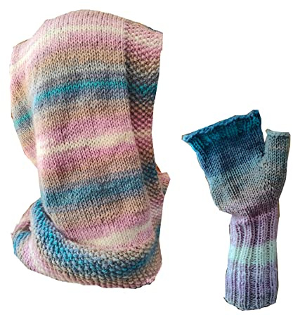 SET Schal + fingerlose Handschuhe, Wollschal Loop Scoodie mit Kapuze Schal handgestrickt Farbverlauf Schlauchschal Loopschal Rundschal Schlauchtuch gestrickt