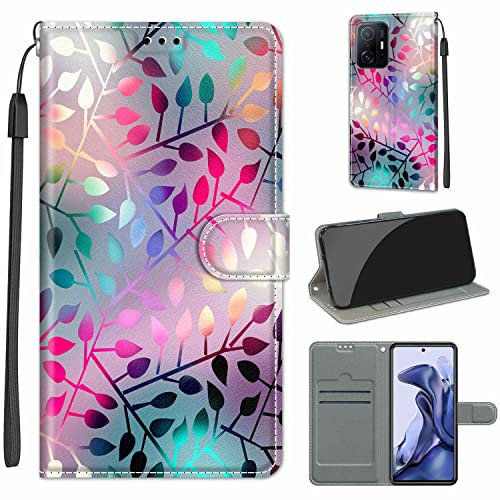 TOMYOU Handyhlle fr Xiaomi 11T 5G / 11T Pro 5G, Leder Flip Case Brieftasche Hlle mit Magnetverschluss, Standfunktion, Kreditkartenschlitz, Kunstleder, TPU, Schwarz, Bltter, Cashew, Magnetisch