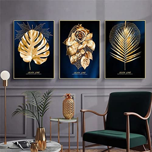 TROYSINC 3er Moderne Poster Set, Gold Palmenblätter Rose Wandbilder, Leinwand Bilder Natur, Ohne Rahmen Wald Wandposter Wohnzimmer wanddeko (40 x 50 cm)
