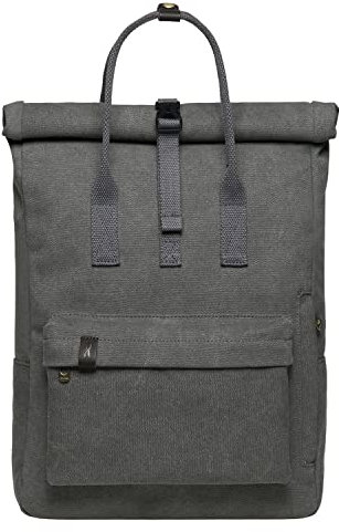 KAUKKO Retro Canvas Rucksack Damen Herren Vintage Rollup Daypack Handtasche mit Laptopfach 12 Zoll für Arbeit, Schul, Ausflüge, Uni, 42cm, 16L, Grau-K1047-2