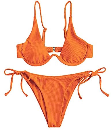 ZAFUL Damen Zweiteiliger Bügel Bikini-Set, Leopardenmuster Criss Cross Push Up High-Cut Gepolsterte Bikini Badeanzug (A-Orange,S)