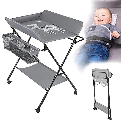 RELOVE Table à Langer Pliante avec Panier de Rangement à Côté Structure en Fer Charge Max 25KG pour Nouveaux-Nés Design Ergonomique,Table à Langer Pliable et Portable (Gris (80 * 66 * 98cm))