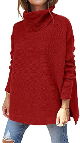 GOLDPKF Pull-Over Pull Chaud d'hiver pour femmesPull à col roulé pour Femmes Pull Oversize Femme Cable Turtle Neck Loose Sweat Pullover Femme Rouge Moyen