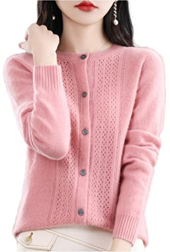 MOGSA Cardigan chandails printemps et automne, cardigan en laine ajourée pour femmes, haut à col rond en cachemire, pull tricoté sans couture, chemise extérieure-rose, M