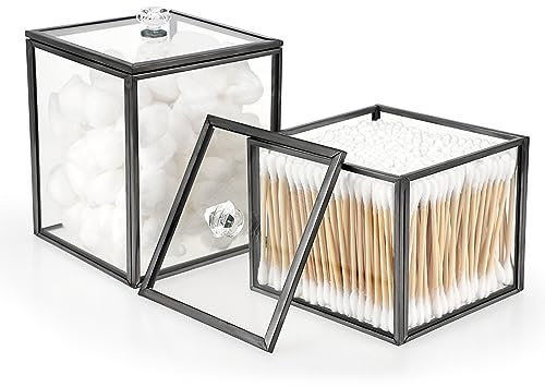 SUMTree 2Pcs Wattestäbchen box aus Glas Metall mit Griffe Make-up-Pinsel-Halter Beauty-Ei-Box Wattebauschholder Tupferhalter Süßigkeiten Organizer Organisation Zuhause Kosmetika Dekoration(Schwarz)