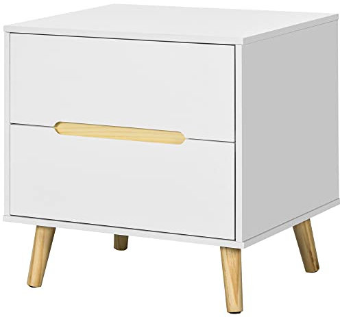 HOMCOM Nachttisch mit 2 Schubladen, Nachtschrank mit modernem Design, Beistelltisch, Nachtkommode, Sofatisch für Wohnzimmer und Schlafzimmer, Weiß, 50L x 40B x 50,5H cm