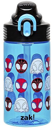 Zak Designs Sage Marvel Spider-Man Water Bottle For School or Travel, 16oz Durable Plastic Water Bottle With Straw, Handle, and Leak-Proof, Pop-Up Spout Cover (Spidey and His Amazing Friends)