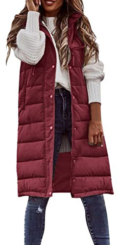 EMUKFD Ladies Padded Gilet Longline Hooded Jacket Quilted Winter Wear Long Hooded Side Split Puffer Long Body-Warmer Coat Size 8-18