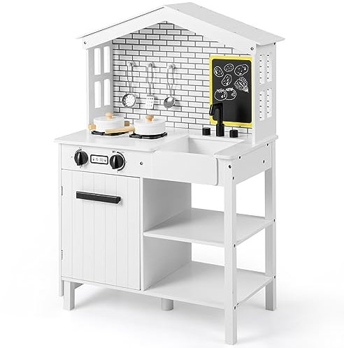 DREAMADE Kinderküche Holz mit Zubehör, Miniküche mit Herd Spüle Backofen, Kinderspielküche Holzküche, Spielküche Kinder für Jungen und Mädchen ab 3 Jahren Weiß