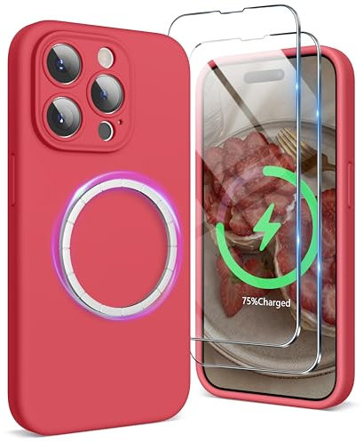 SURPHY Magnetic Case for iPhone 15 Pro Case with Screen Protector, Liquid Silicone Anti-Scratch Compatible with MagSafe Gel Rubber Phone Case for iPhone 15 Pro 6.1 inch, Guava