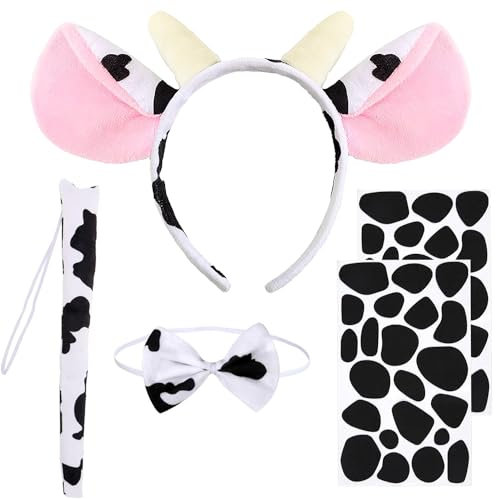 LXWINNER 5 Stück Kuh Kostüm Set,Tiere Kuhohren Ohren Stirnband Fliege Schwanz Selbstklebendee Aufkleber,Kuh Kostüm Kinder,Halloween Kostüm Faschingskostüme Zubehör für Fasching Cosplay Party