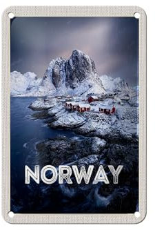 FEMER Blechschild Reise 12x18cm Norwegen Winterzeit Frost Kälte Meer Schild