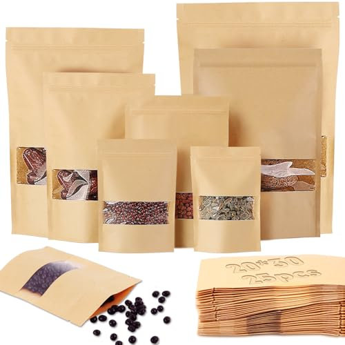 Ziamzra 25 Pièces Pochette Kraft 30X20cm Sachet Kraft Alimentaire Réutilisables Sac Papier Kraft Sachet Zip Emballage Alimentaire avec Fenêtre Transparente pour Noix Nourriture Grains de Café