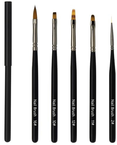 LEA-SHALL 5PCS Nail Art Brushes Professional Set with Lid and Ombre Pen, Ombre/Liner/Flat/Round/Acrylic UV Gel Nail Painting Brush Kit Fine Acrylic Design Thin Line Pen for DIY Home Salon