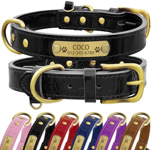 Senristar Personalisierte Hundehalsband aus Echtem Leder mit Eingraviertem Namensschild - Langlebiges und Stilvolles Hundehalsband für Kleine, Mittlere und Große Hunde (L, Schwarz)