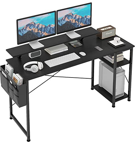 CAIYUN 140cm Computer Desk with Monitor Stand & 2-Tier Storage Shelves, Home Office Writing Desk Study Table Workstation, Black