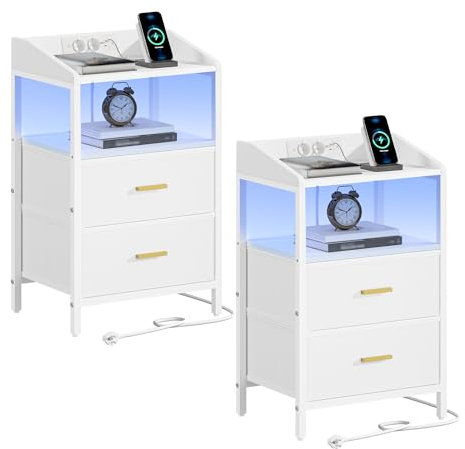 Hzuaneri Nachttisch 2er Set, mit LED-Leuchten und Ladestation, Beistelltisch mit 2 Stoff-Schubladen und Regalen, mit USB-Anschlüssen & Steckdosen, für Schlafzimmer, Wohnzimmer, Weiß NS36213W